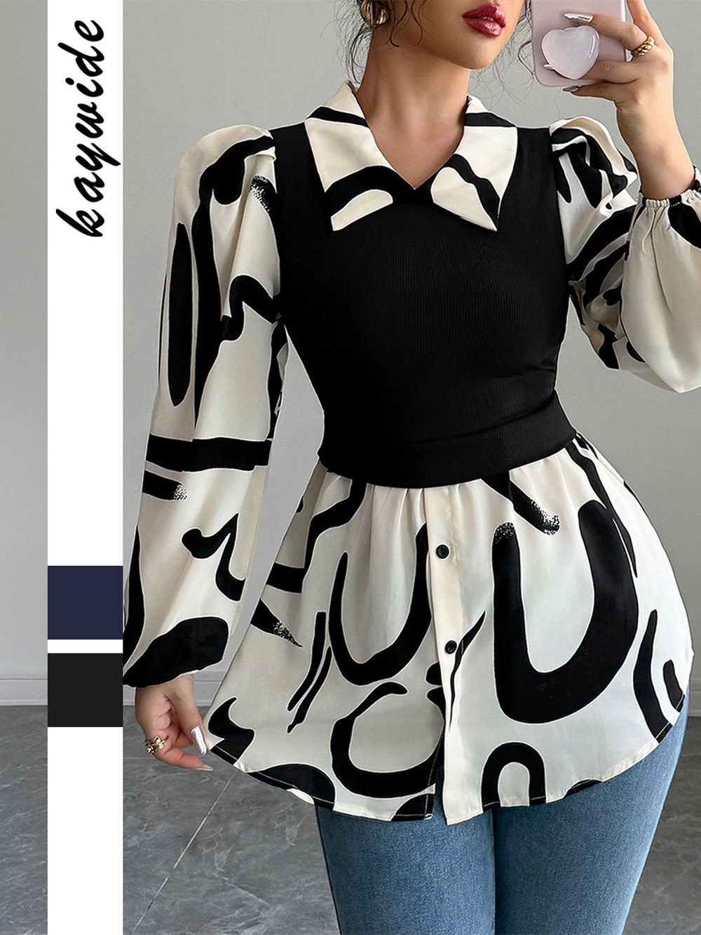 Zara Printed Long Sleeve Vest Blouse Contrast Color Design Spring Summer